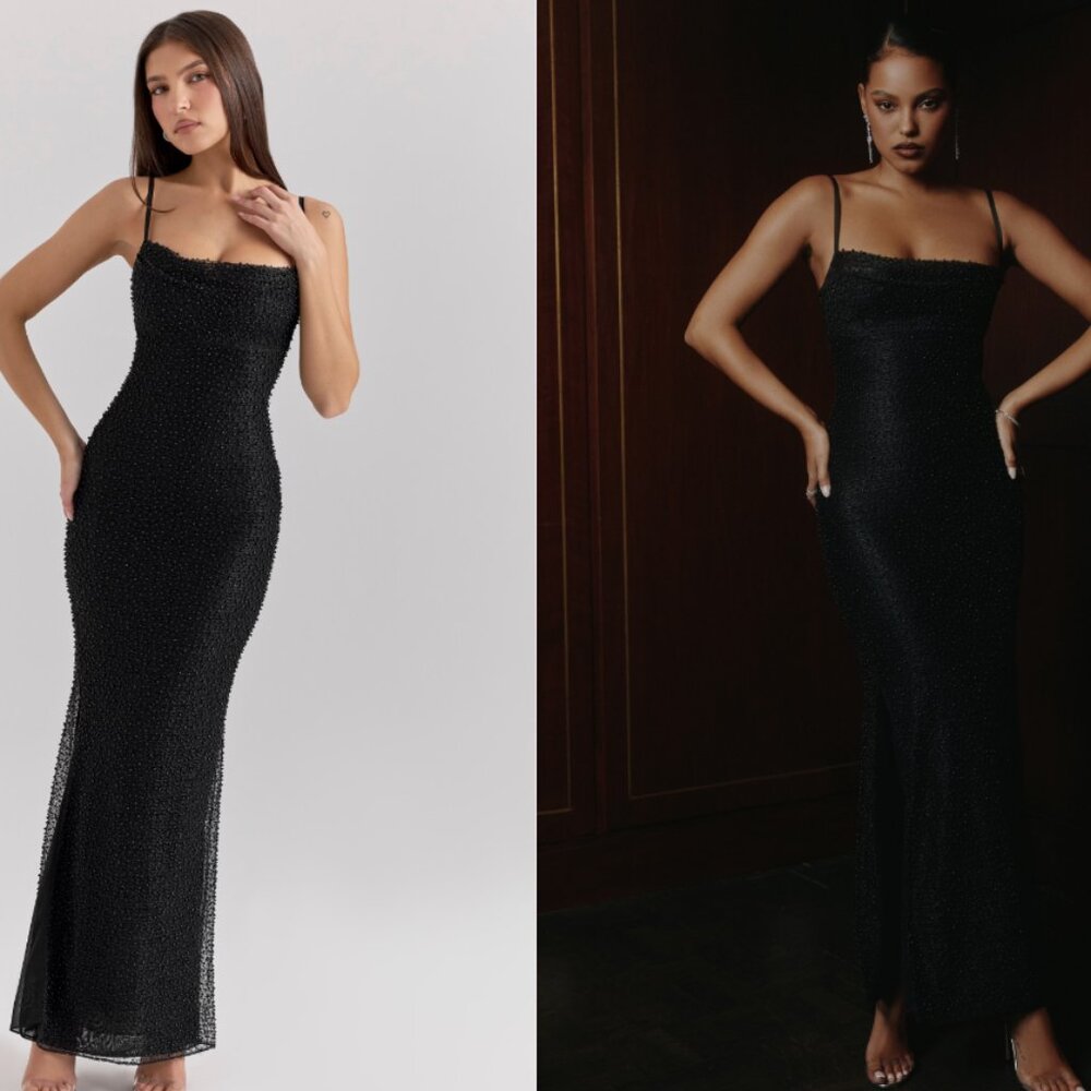 House of CB 'Calla' Black Pearl Embellished Maxi Dress NWOT